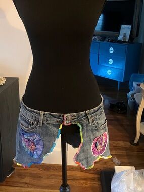 Boho Denim Cutoff Shorts with Multicolor Crochet Trim - Blue